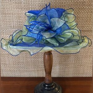 🌟HP🌟NWOT Forbusite Royal Blue & Light Green Organza Wide Brim Fancy Derby Hat